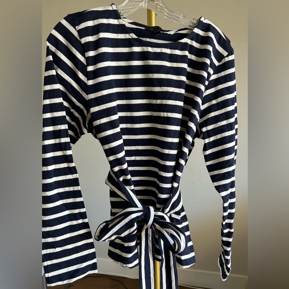 Jcrew Navy and White Striped Tie-Waist Top